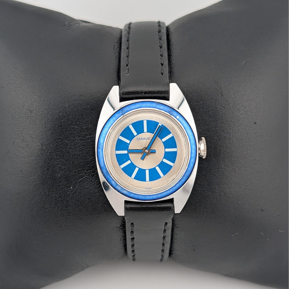Caravelle Vintage Blue Mod Dial Swiss  Manual Wind Watch New Leather Strap Runs